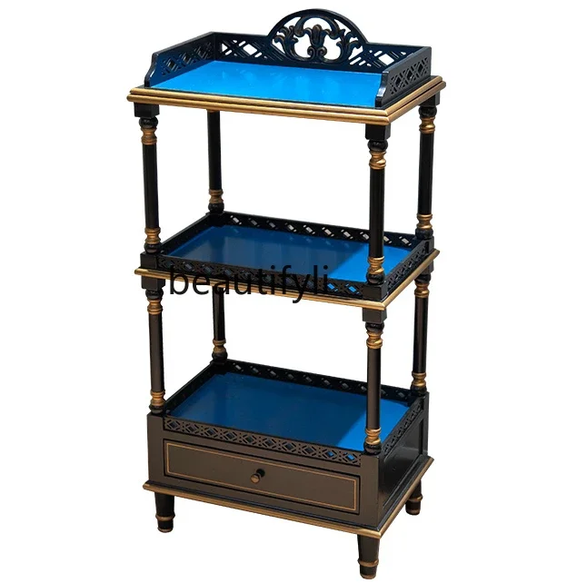 

American-Style Solid Wood Floor Multi-Layer Bookshelf Mid-Ancient Style Home Study Storage Rack Black