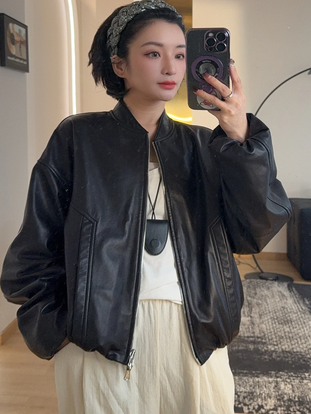 QII Eepskin Baseballjacke aus Leder für Damen, schlankmachend, vielseitig, beidseitig tragbar, für den Pendelverkehr, mit Reißverschluss, lockere Passform