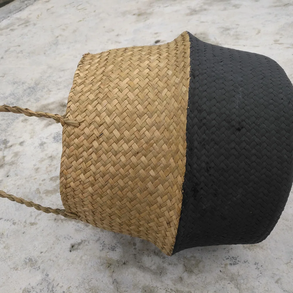 

Stylish Woven Seagrass Flower Basket Plant Holder Storage Pot For Decor *20 Black Bottom Foldable Seagrass Basket