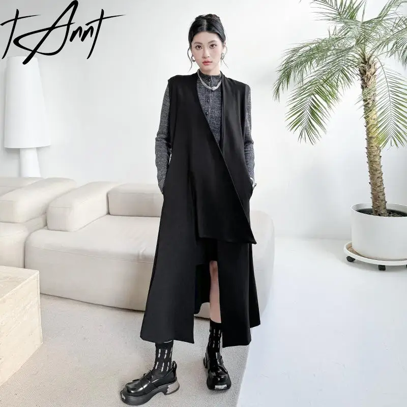 

Tannt Women Coat Irregular Patchwork Black Sleeveless Vest Coats For Women Asymmetric Fashion Spring Long Waistcoat 2025 New
