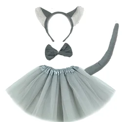 Kids Girls Children Grey Red Fox Wolf Costume Ears Headband Tails Bow Skirt Tutu for Halloween Animals Cosplay Set