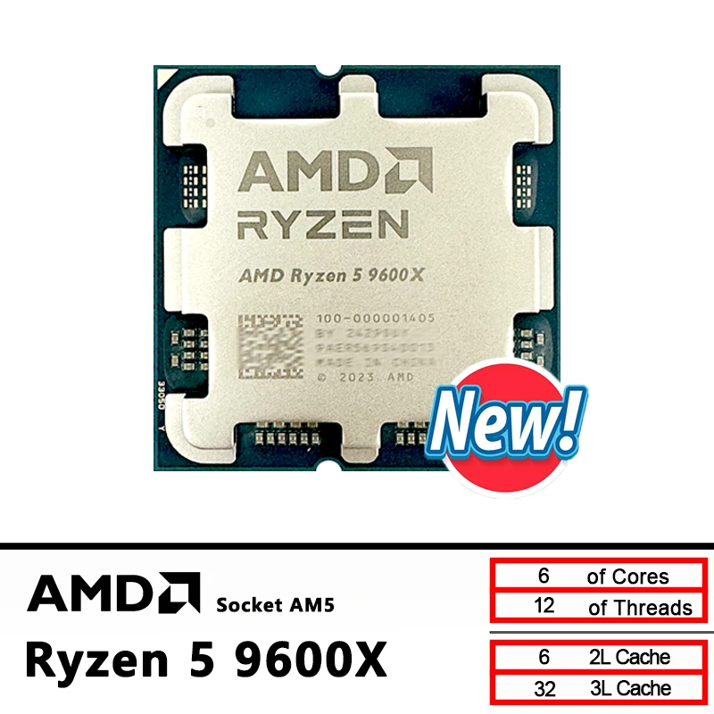 

AMD R5 9600X New Ryzen 5 9600X Processor 5.4GHz 6-Core 12-Thread 38MB Game Cache 4NM TDP 65W Socket AM5 Gaming CPU Zen 5