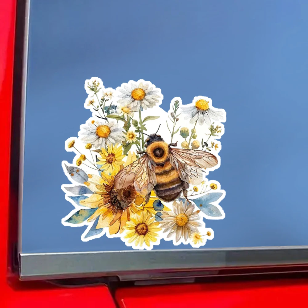 Vibrant Bee & Yellow Flowers Decals, Self-adhesive, Waterproof Vinyl Stickers for Car, Bumper, Window, Laptop, Wall and Glass