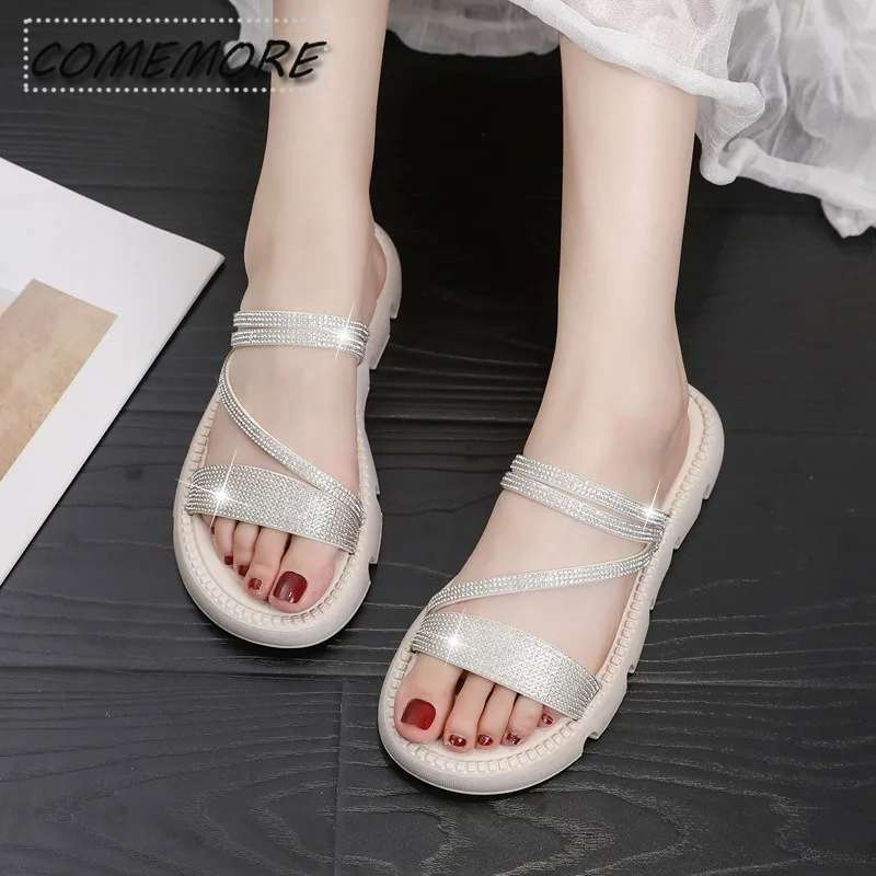 2024 Trend Summer Two Wear Round Head Women’s Dress Designer Luxury Rhinestone Slippers Large Size Sandals for Woman Beach Black