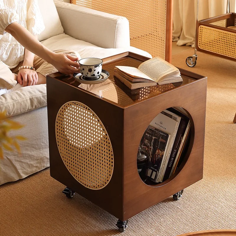 antique style living room movable tea side sofa cart bedside table solid wood rattan small table rack corner table