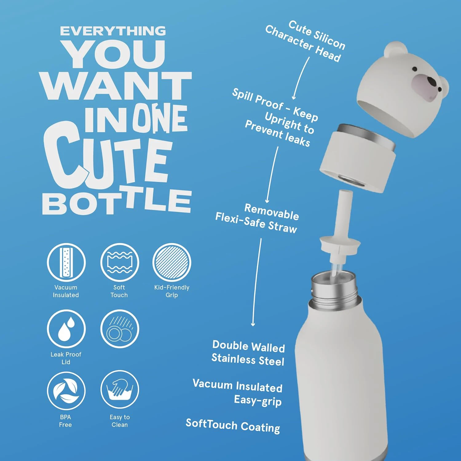 Bottle Insulated Stainless Steel Water Bottle with Detachable Soft Animal Head Fun Drinking For student and Teens16 Ounce (Bear)