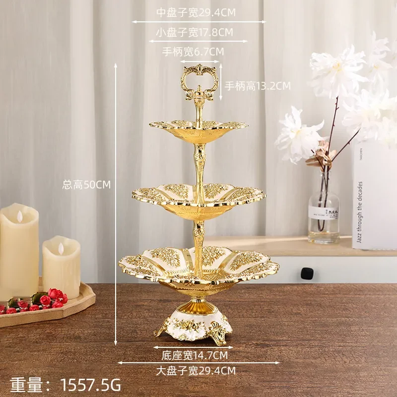 Luxury White Gold Three Tier Fruit Plate Portable European Style Desktop Decorative Snack Tray Elegant Handicraft for Home