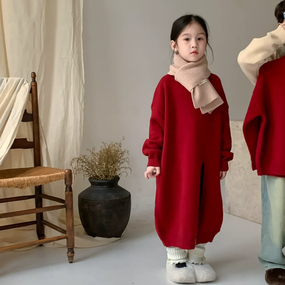 2025 Winter Kids Stylish Thickened Knitwear Set Warm Unisex Baby Sibling Sweater Red Toddler Tops