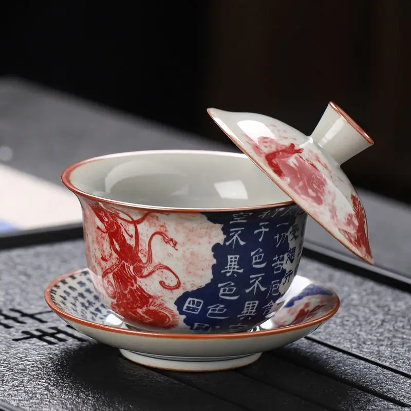 Antique-Style Blue-White Porcelain Gaiwan, Premium Tea Tureen for Solo Kungfu Brewing, Timeless Pattern Enhances Every Session