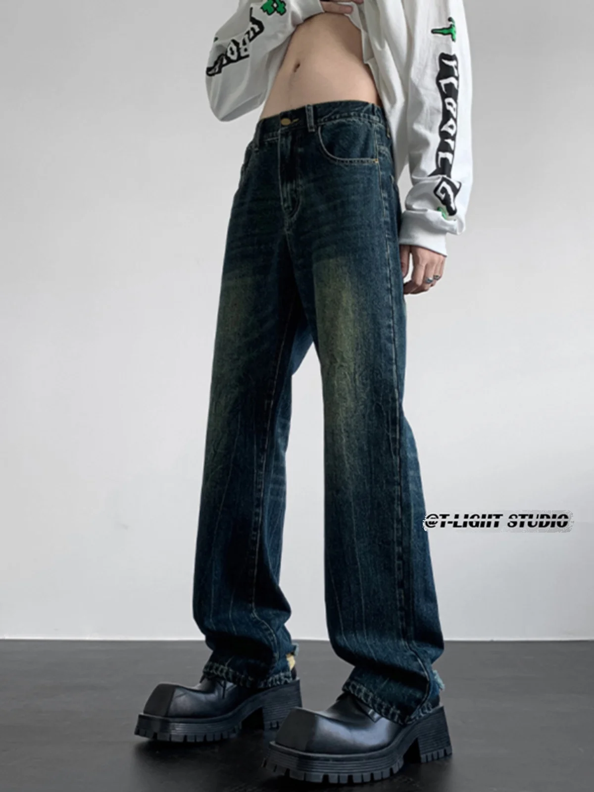 

American Retro Gradient Blue Men's Jeans High Street Hip Hop Loose Straight Leg Trousers Youth Trend Cotton Blend Long Pants