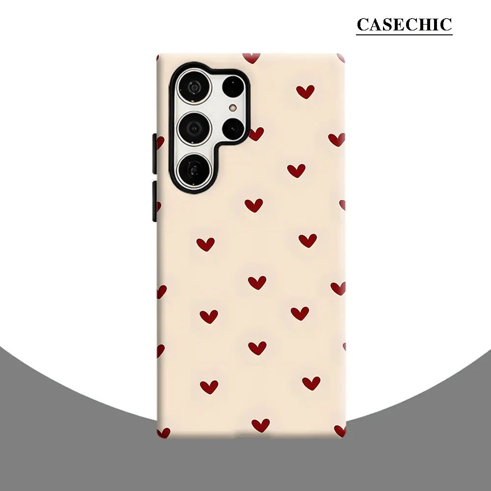Beige Red Heart Grid Phone Case for Samsung Galaxy S26 S25 Ultra S24 S23 Ultra Plus Shockproof Double layer tough Back Cover