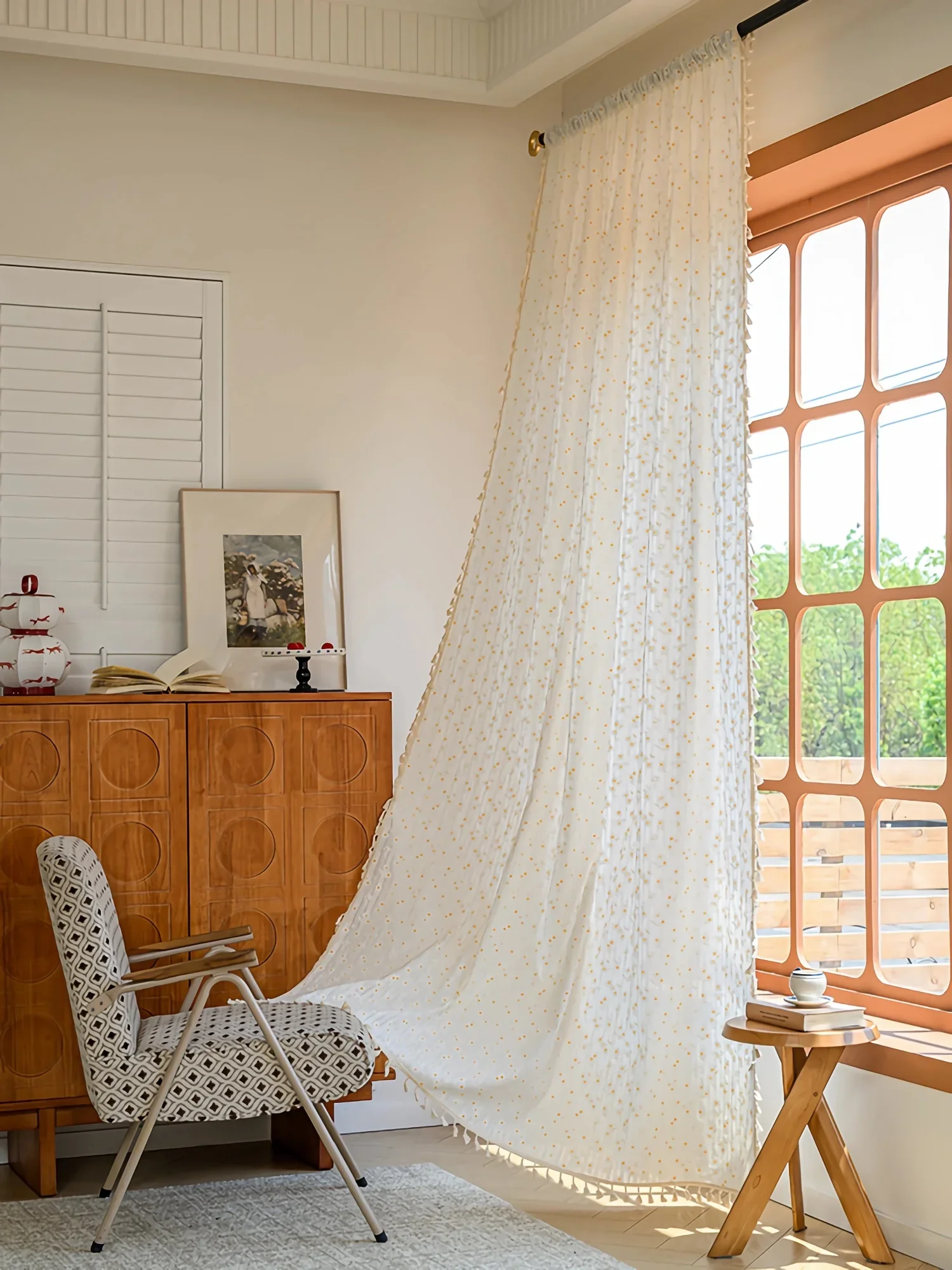 Semi-blackout Floral Farmhouse Cotton with Fringed Rod Pockets Single Panel Custom Size Curtains for Living Dining Room Bedroom