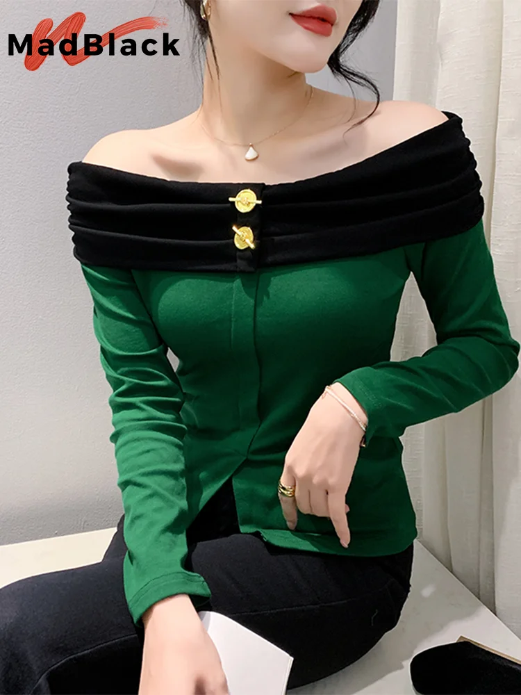 MadBlack European Clothes Tshirt Women Sexy Off Shoulder Slim Cotton Tops Long Sleeve Elastic Tees Autumn Winter T39114JM