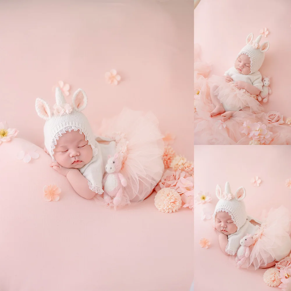 新生児の女の子用ユニコーン写真撮影用小道具、愛らしいユニコーンコスチューム-ニット帽、花の小道具、スタジオ用幼児ファンタジーテーマ写真撮影用