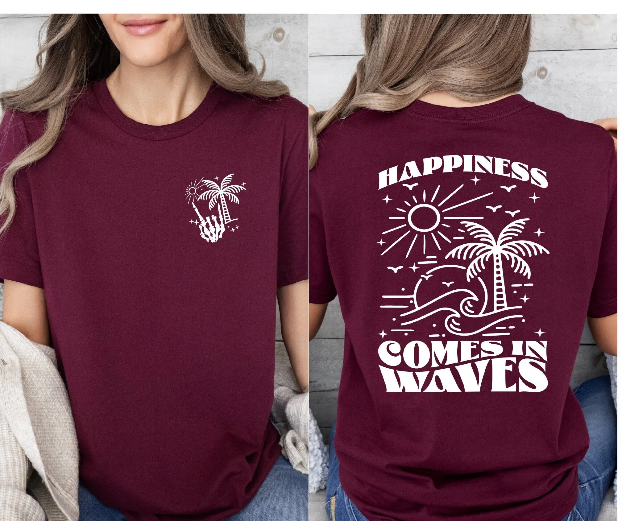 Happiness Comes In Waves Shirt Sunny T Summer Sun Vacation Beach Aesthetic Front And Back