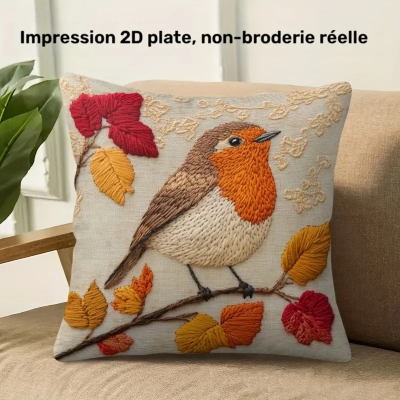 2D flat- # Autumn Robin Bird Throw Pillow Cover Rustic Fall Leaf Square Cushion Case For Sofa Couch Bedroom Home Decor