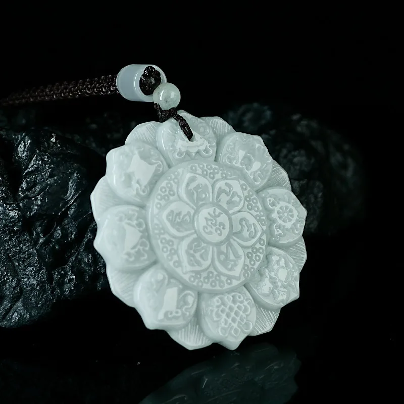 Real Natural Myanmar Emerald Jade Double-sided Lotus Pendant Necklace Carved Jadeite Jewelry Fashion Amulet Gifts Certificate