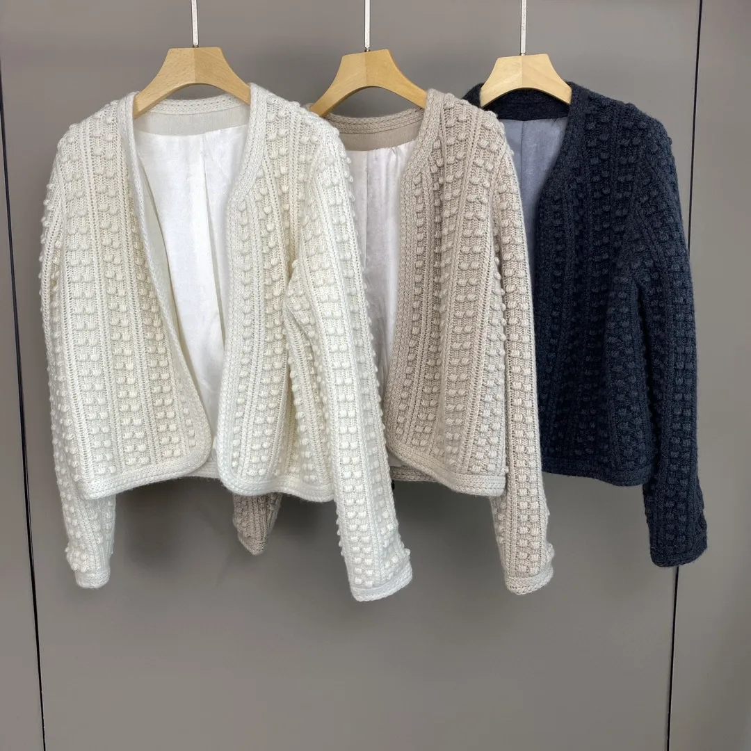 Women Cashmere Knitted Cardigan O-Neck Long Sleeve Solid Color Elegant Autumn Winter Sweater