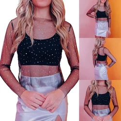 Women Sexy Long Sleeve Round Neck See-Through Mesh Shirts Glitter Rhinestones Beaded Fit Blouses Crop Top Cover Up