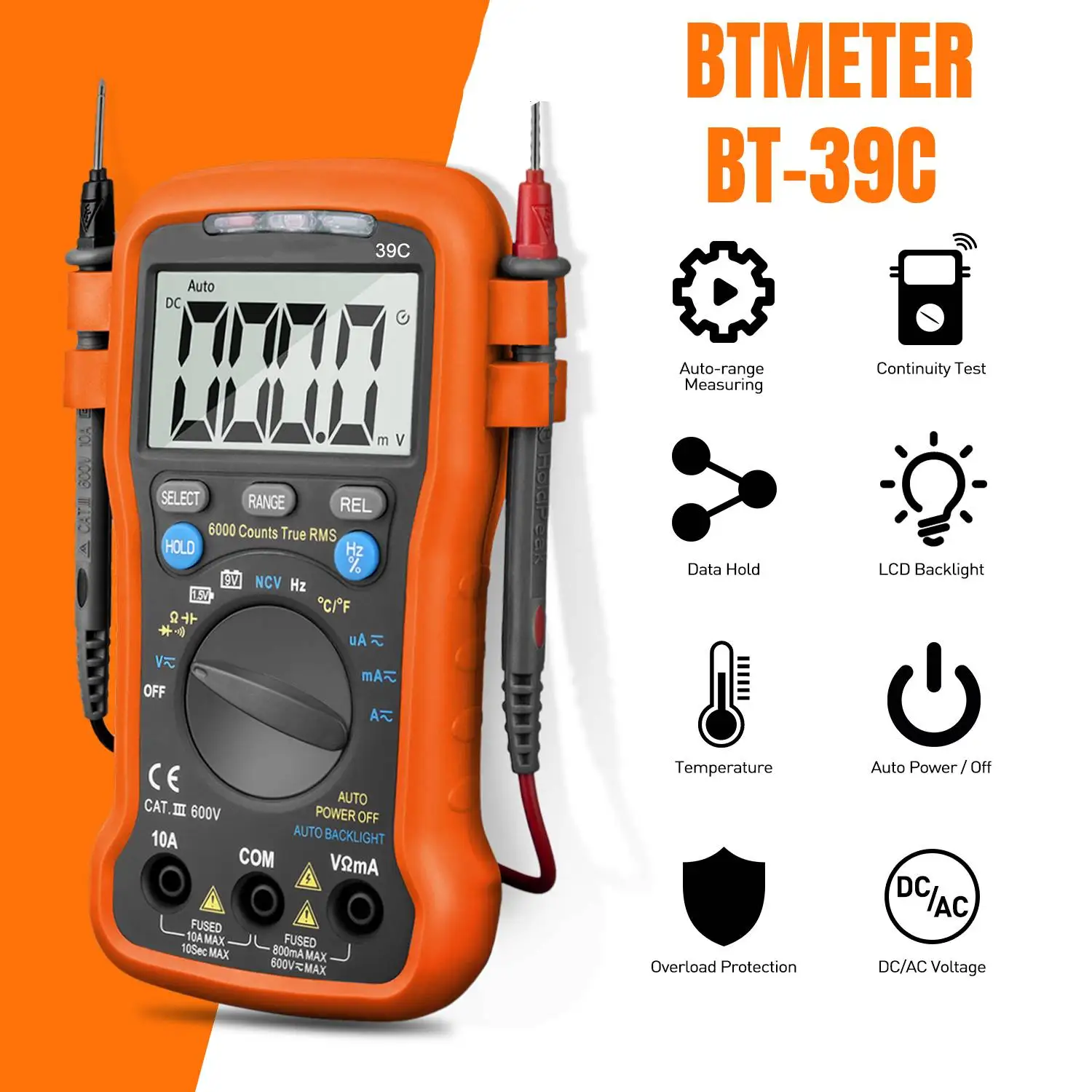 BTMETER True RMS Digital Multimeter Auto Ranging for AC DC Voltage,Current,Resistance,Capacitance with Temp Battery LED Test