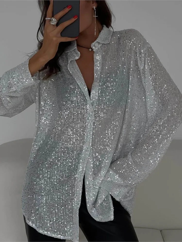 

Fashion Sequins Shirt Top For Women Casual Solid Long Sleeve Button Shirts Tops Lady Formal Evening Party Womens Clothing Spring
