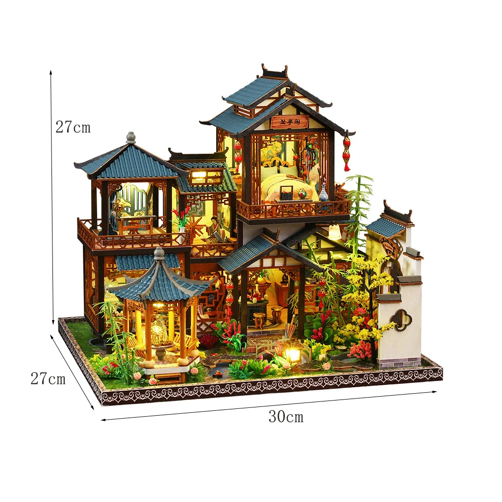 OUZEY Kit DIY para casa de bonecas de madeira grande - Conjunto completo de móveis em miniatura, brinquedo de montagem artesanal e presente para meninas