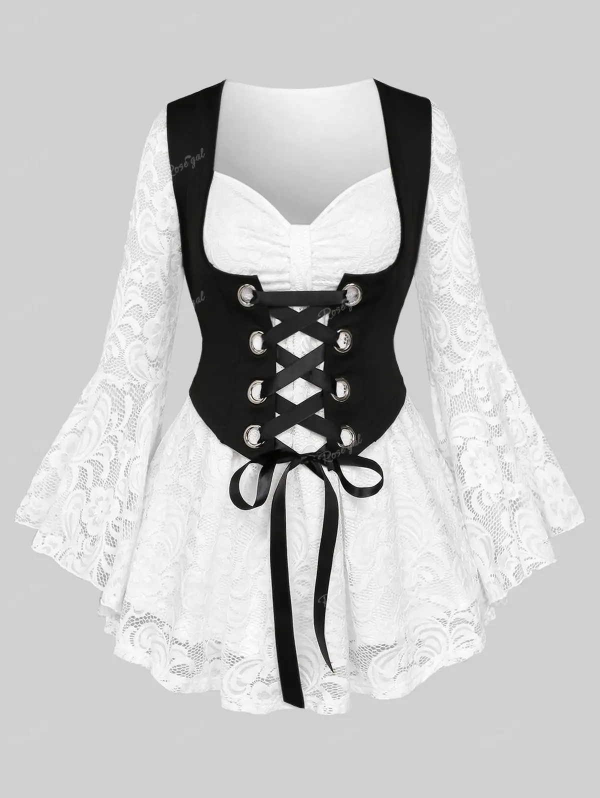 

ROSEGAL готические футболки с расклешенными рукавами, женские осенне-зимние кружевные накладные рубашки с цветочным принтом и рюшами на шнуровке, корсетные блузки, топы