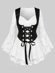 Gothic Flare Sleeves T-shirts Women Autumn Winter Floral Lace Overlay Cinched Ruched Lace-up Grommet Corset Blouses Tops
