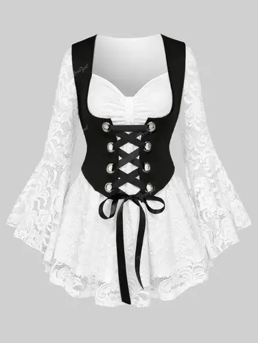 ROSEGAL-camisetas góticas con mangas acampanadas para mujer, blusas con corsé con ojales y cordones fruncidos ceñidos con superposición de encaje Floral para otoño e invierno