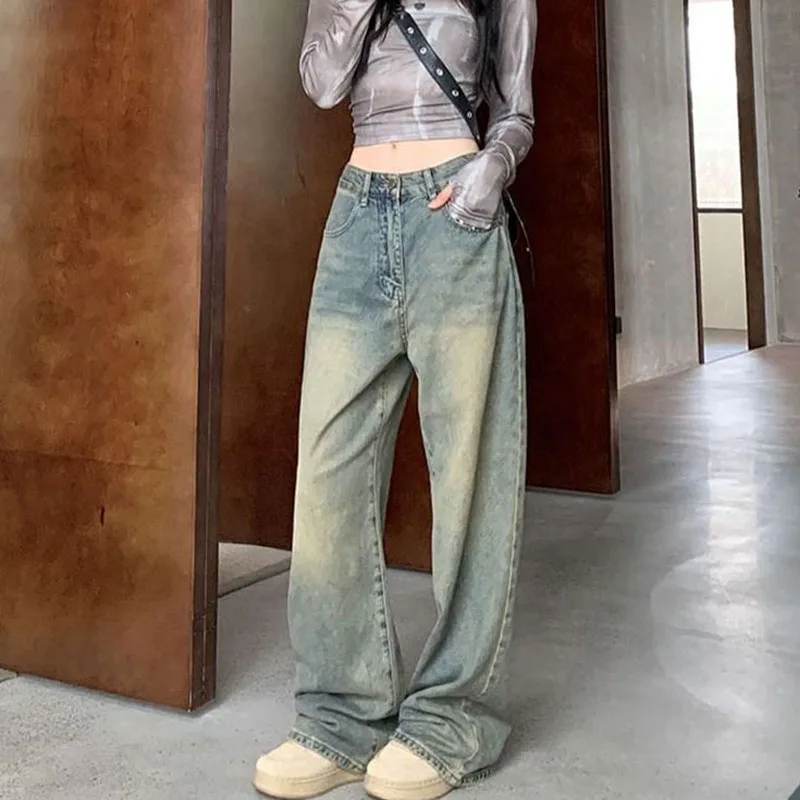 Lucyever Jeans dla kobiet Vintage Streetwear Baggy Y2K Denim Pants Damskie spodnie jeansowe All-Match High Waist Straight Washed Jean Trousers