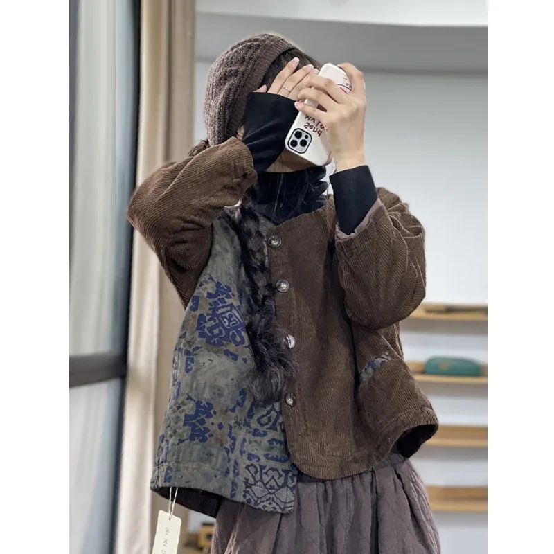 ريترو طباعة اللون بلو سروال قصير ort القطن Jaet المرأة الخريف الشتاء حجم كبير ثي الدافئة غير النظامية ملابس خارجية العصرية #1