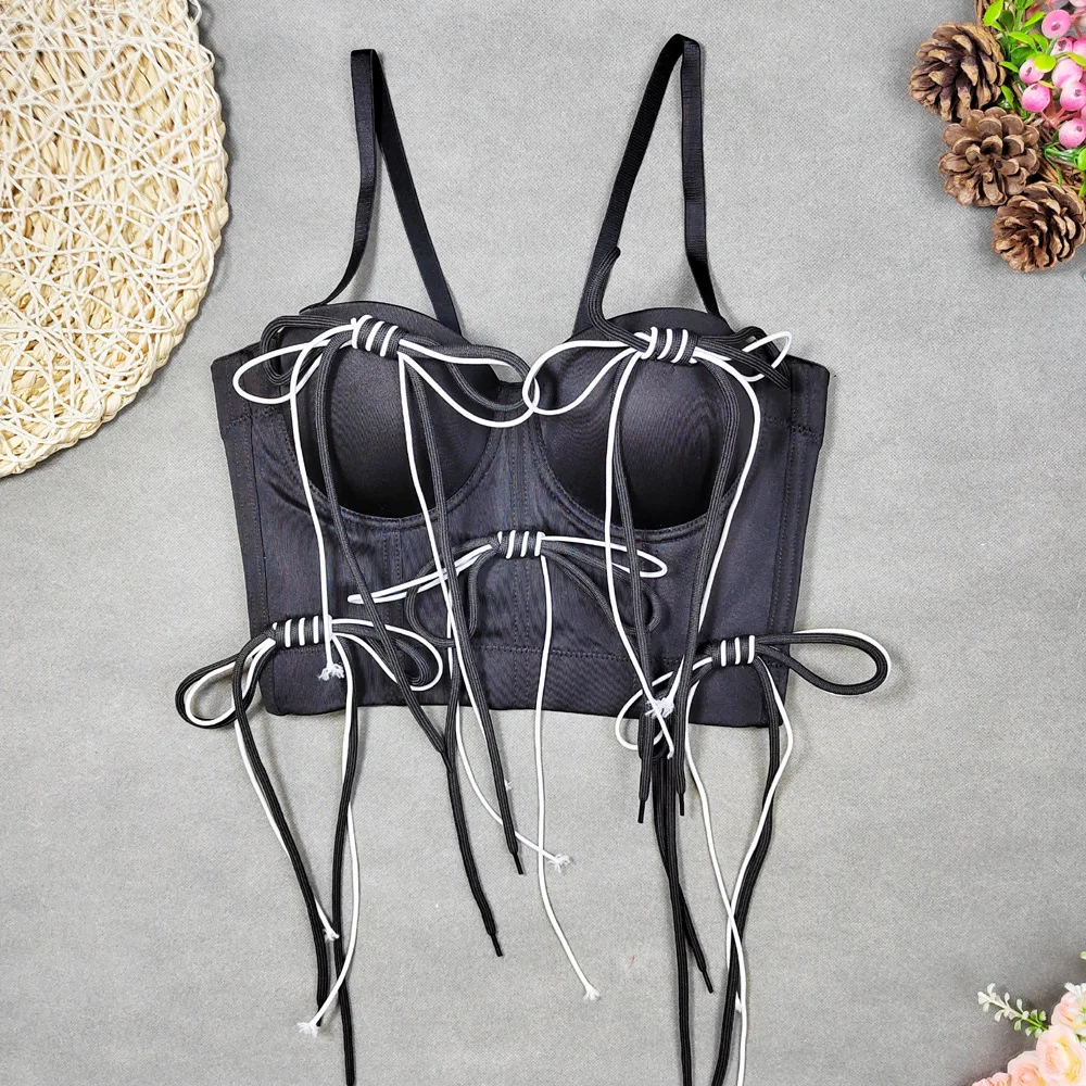 

Уличный корсетный топ - бюстье с бантом и бахромой на костях с мягким бюстгальтером Push Up в стиле хип-хоп, эластичный корсет Y2K для женщин 2025