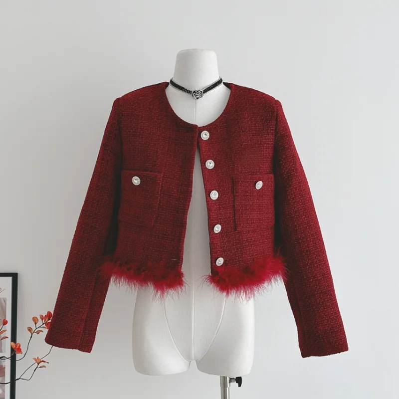 

Red Small Fragrance Feather Stitching Jacket Women's Autumn Winter Fashion Sweet Luxury Long-sleeved White Tweed Quilted Coats