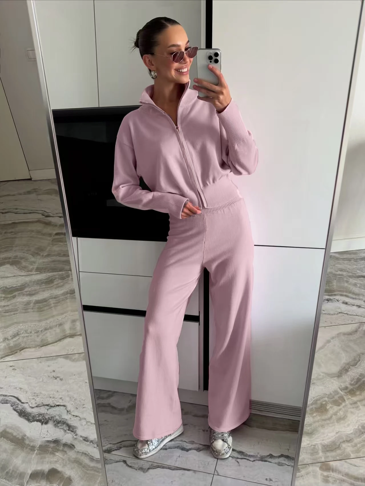 

Модный вязаный свитер и брюки на молнии, комплект прямого кроя, длинный све, теплый осенне-зимний цвет для поездок на работу