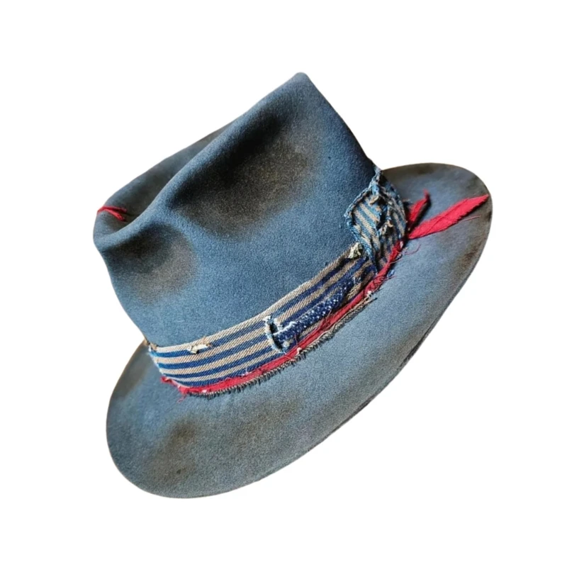 Distressed Hat for Women Men with Woven Belt Panama Hat Flat Brims Hat Cosplay Costume Adult Theme Party Accessories Hat