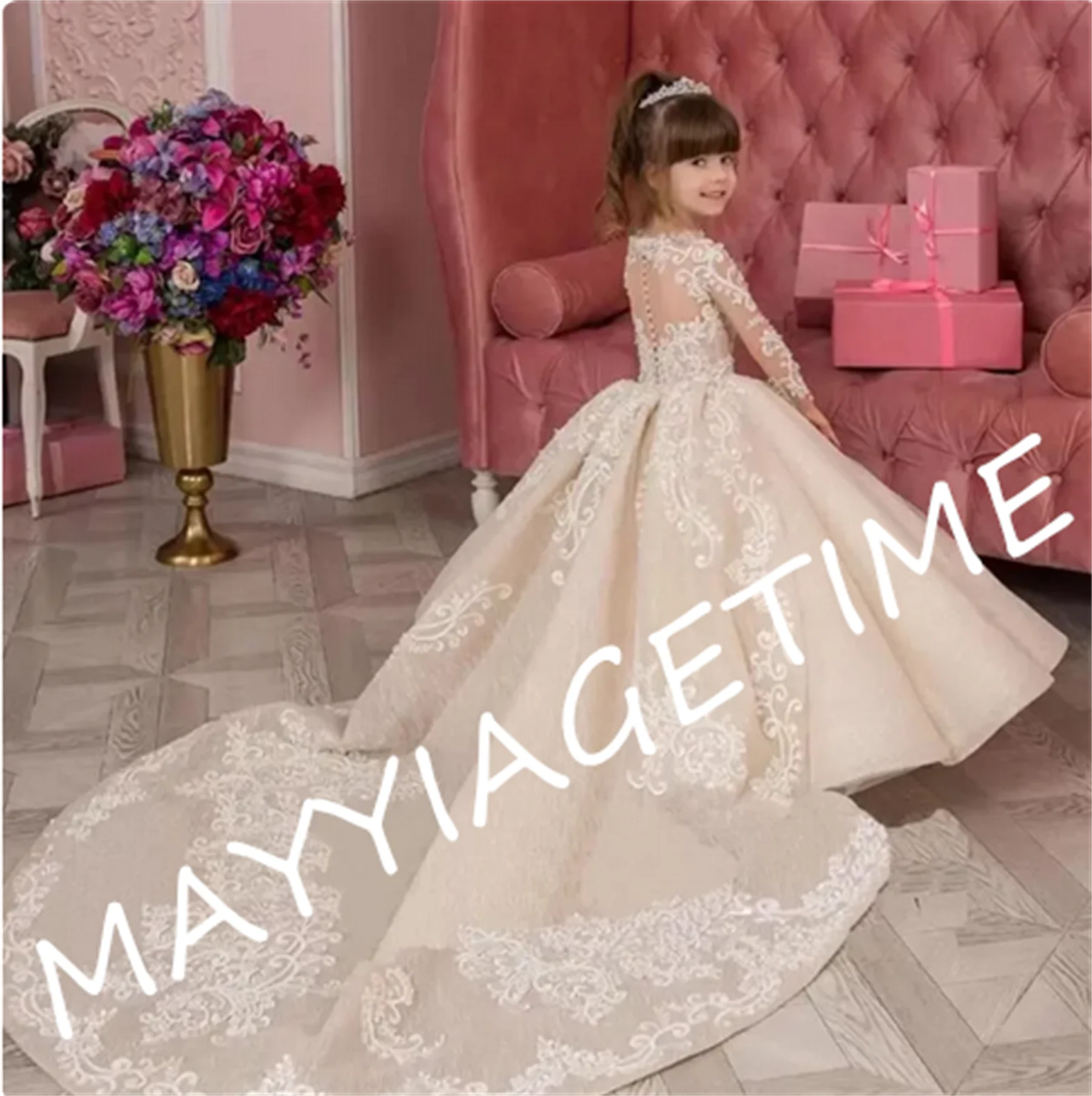 New Champagne Girls First Communion Dress Applique Lace Long Sleeve Ball Gown Elegant Flower Girl Dress Wedding Party