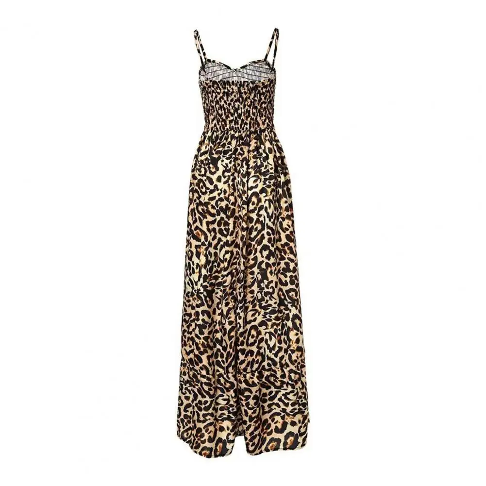 

Printed Long Dress Leopard Print Strappy Maxi Dress with Low-cut V Neck Backless Design for Women Tight Fit High Waist Vacation