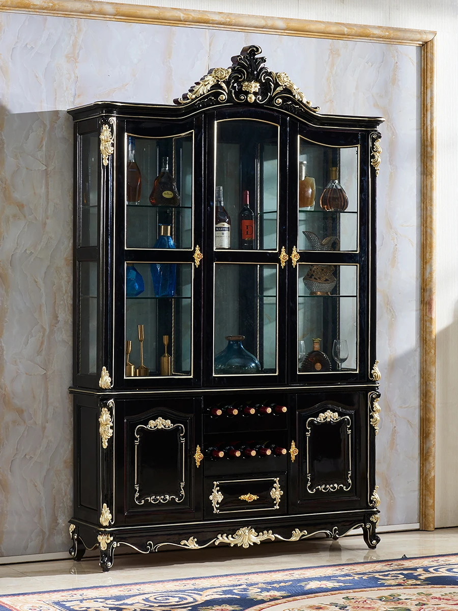 European-style solid wood wine cabinet living room dining room ebony glass side cabinet oak carved cabinet new style