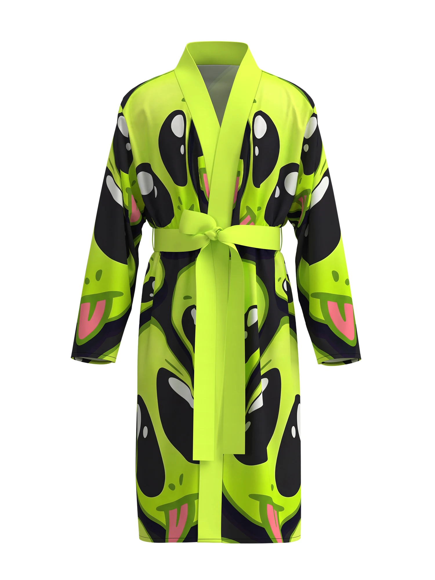 Men's Funny Alien Print Kimono Bathrobe Neon Green Alien Face Pattern Long Sleeve Home Clothes Casual Nightgown