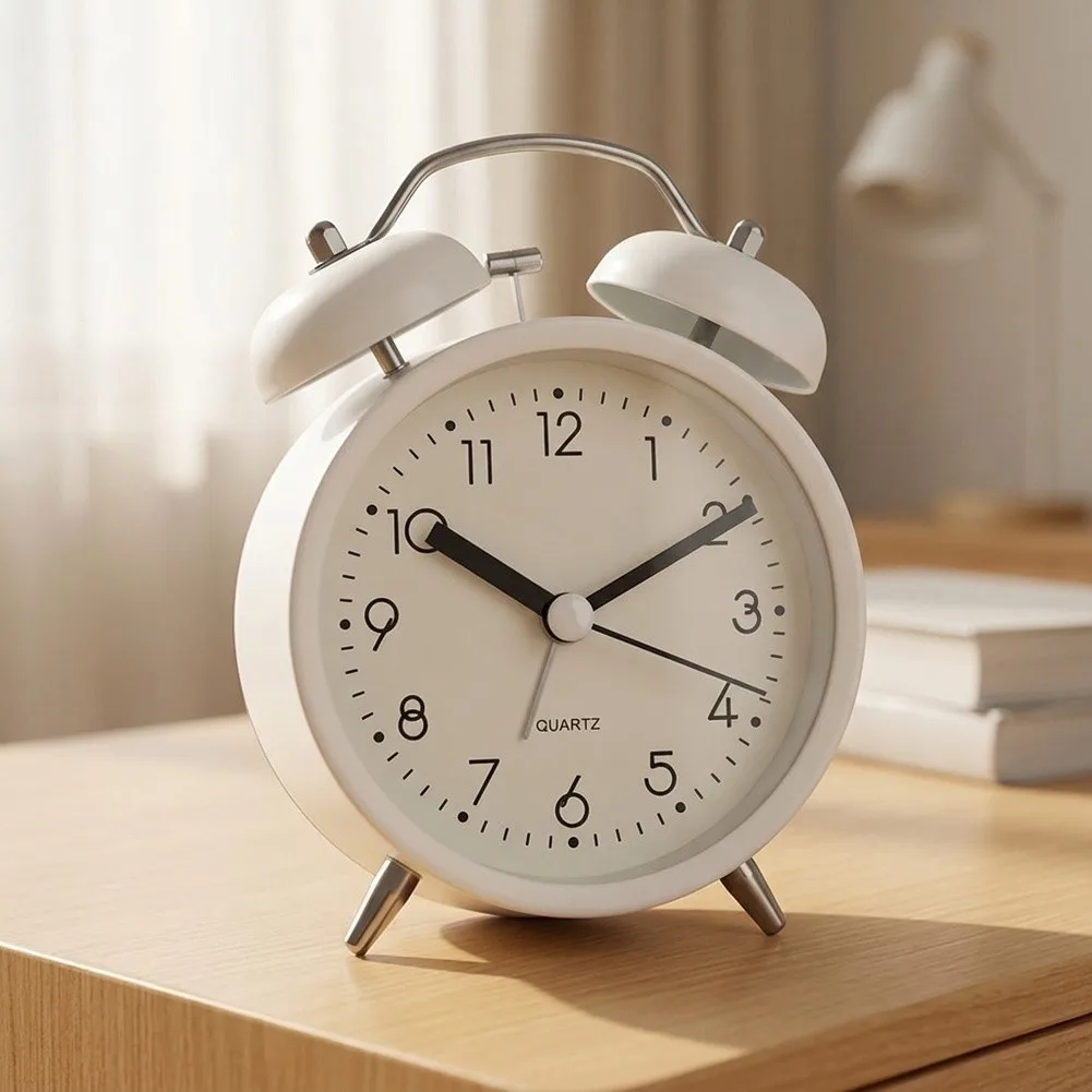 Student Alarm Clock Made of Metal with Luminous Silent Sweep Second Hand Mechanical Bell and Push Button Light Feature