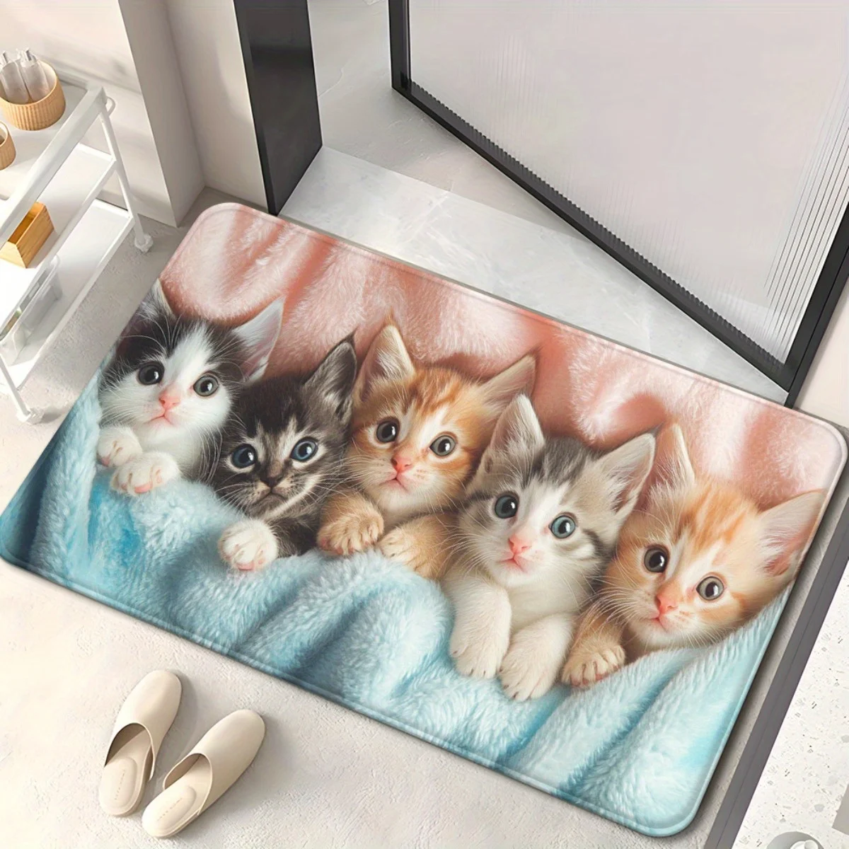 Adorable Cats Floor Mat 1pc – Five Kittens Peeking from Blue Blanket, Charming Pet-Themed Indoor Doormat for Home Decor