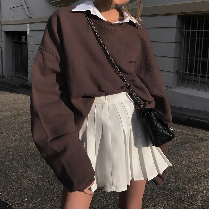 Felpa oversize marrone Y2k ricamata abbigliamento moda invernale da donna 2023 nuova tendenza autunnale Pullover Casual a maniche lunghe