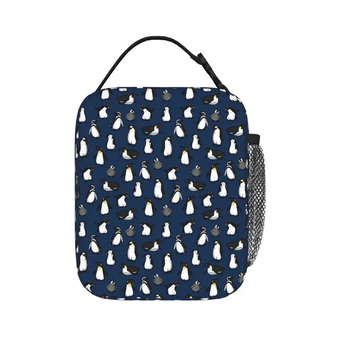 Fiambrera con patrón de pingüino para mujer, bolsa térmica portátil con aislamiento, ideal para el trabajo y la escuela, color azul oscuro