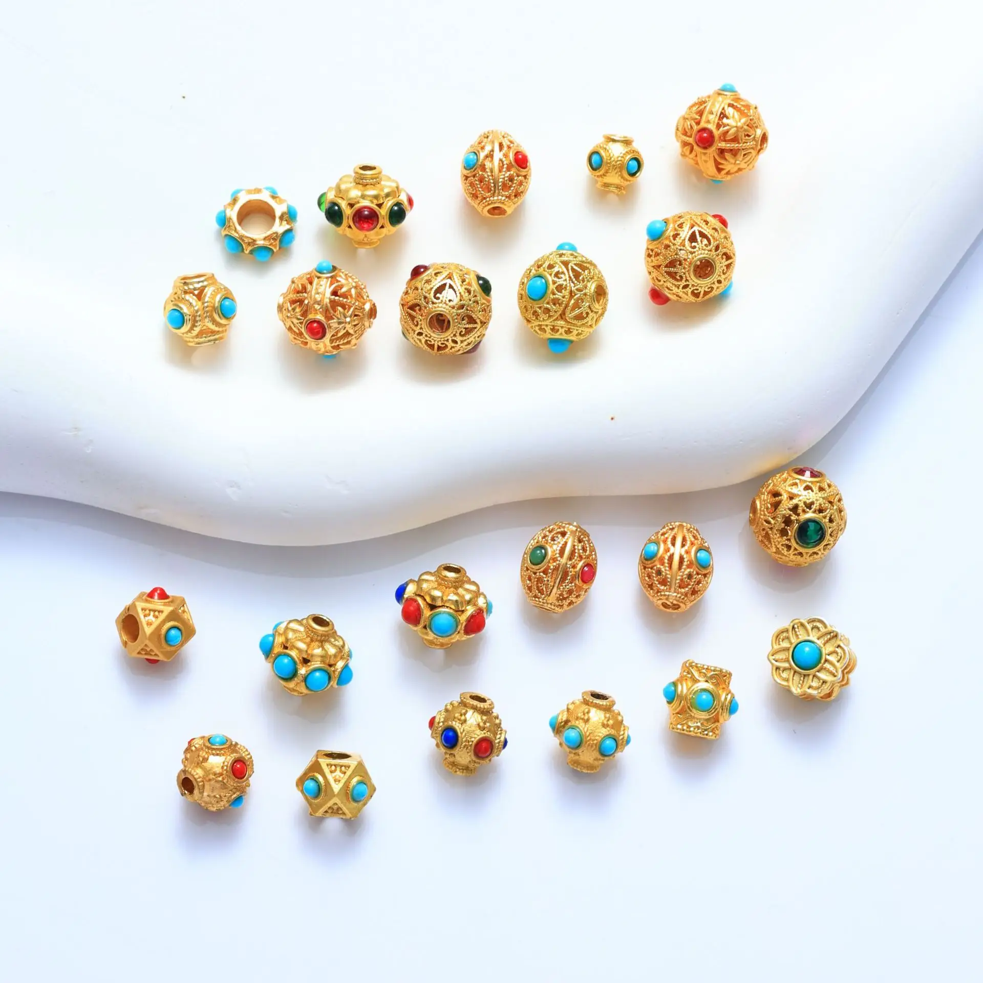 Chinese Style Lucky Blessing Gold Color Nepal Evil Eye Spacer Beads Turquoise Inlaid Diy Jewelry Making Supplies For Bracelet