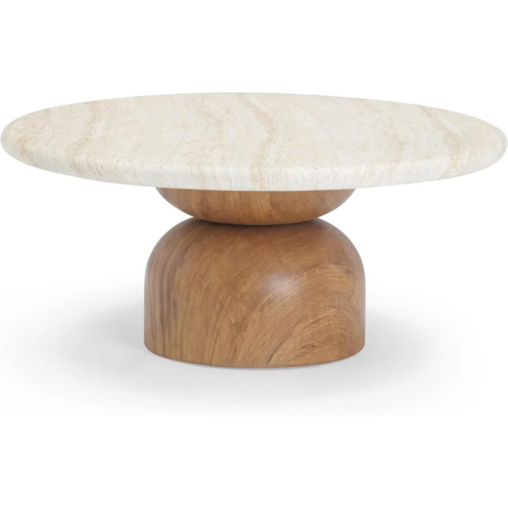 

36"x36"x16" Minimalist Round Coffee Table - TravertineConcreteTop with Brown Base,Indoor/OutdoorUseStain Resistant175lbsCapacity