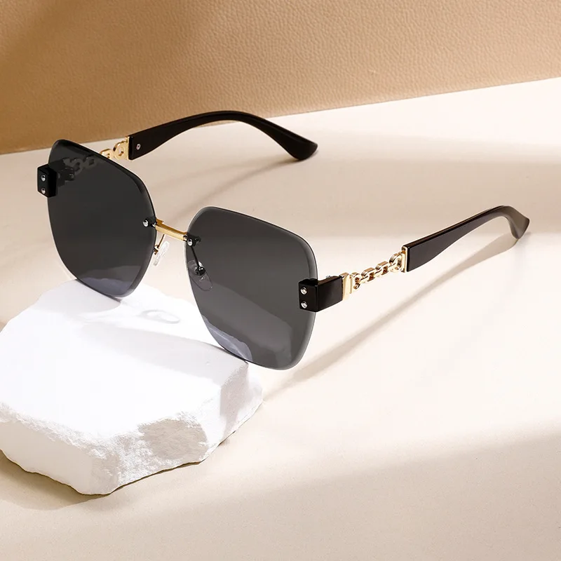 Luxurious Frameless Fashion Women's Sunglasses, Personalized Design Chain Temples Retro Sunglasses, High-End Casual Sunglasses