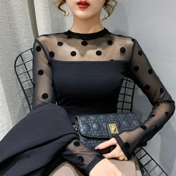 Sexy Mesh Shirt Women's Long Sleeve Bottoming T Shirt 2025 Spring Autumn New Casual Flocking Female Top
