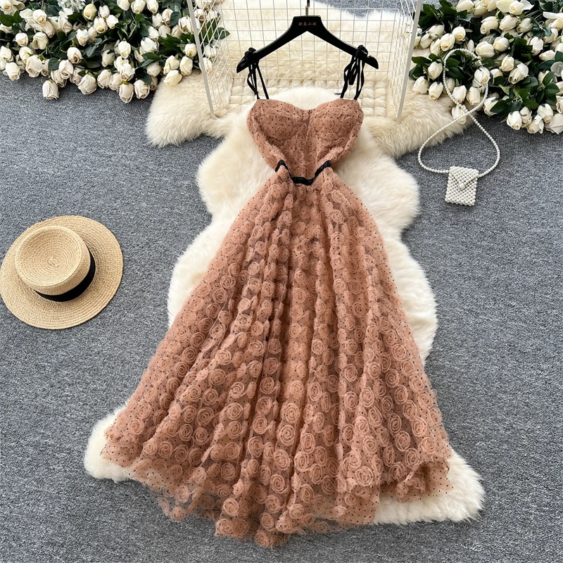 

3D Roses Mesh Straps Dress Polka Dots Backless Zipper Irregular Sundress Women French Senior Chic Evening Long Dress