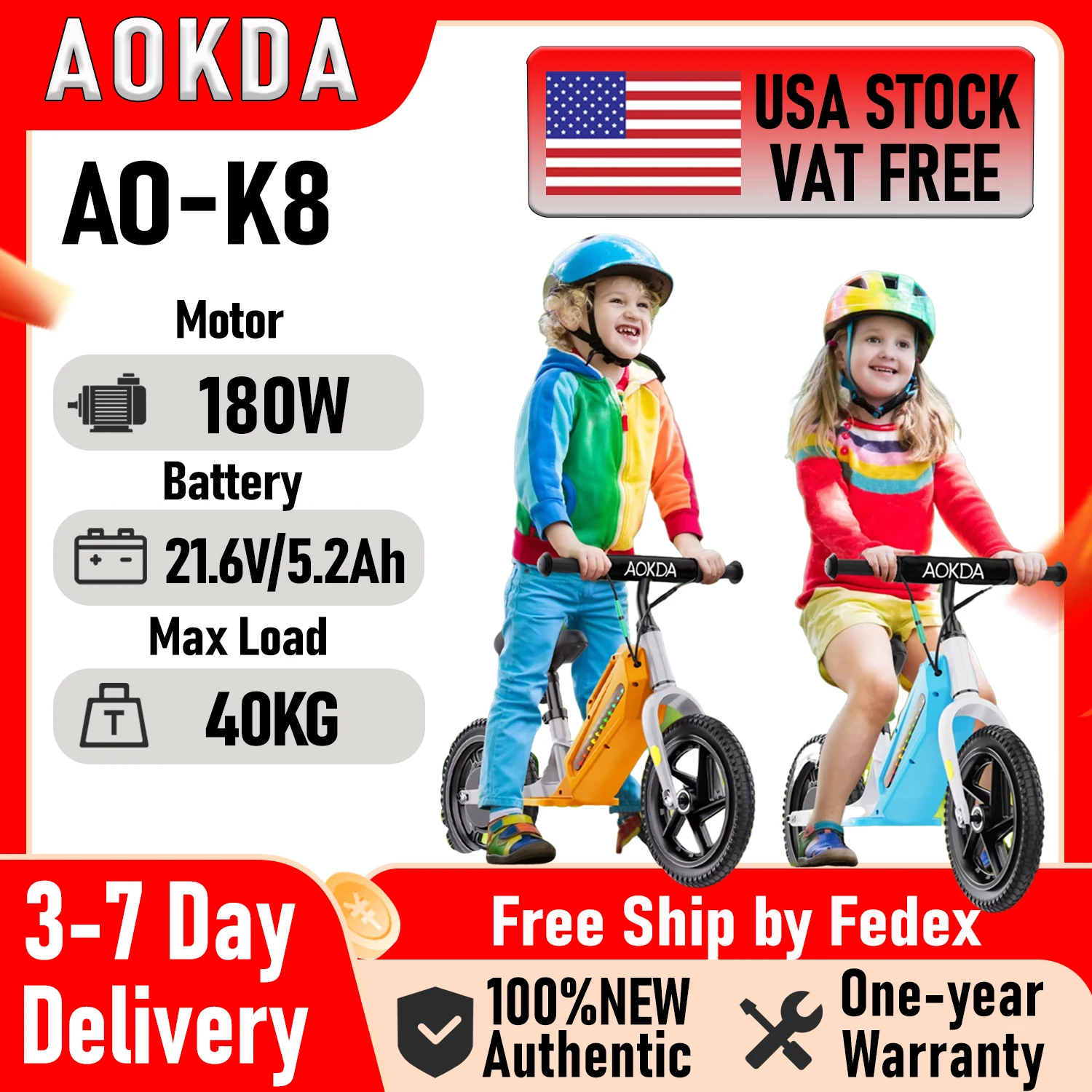 دراجة توازن كهربائية للأطفال AOKDA K8 180 وات ألعاب أطفال 3 سرعات 12 كم/ساعة أقصى تحميل 40 كجم دراجة للأطفال من سن 2 إلى 12 سنة