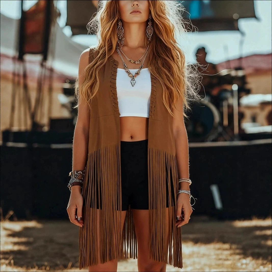 2026 European and American summer shawl tassel sleeveless mid length jacket